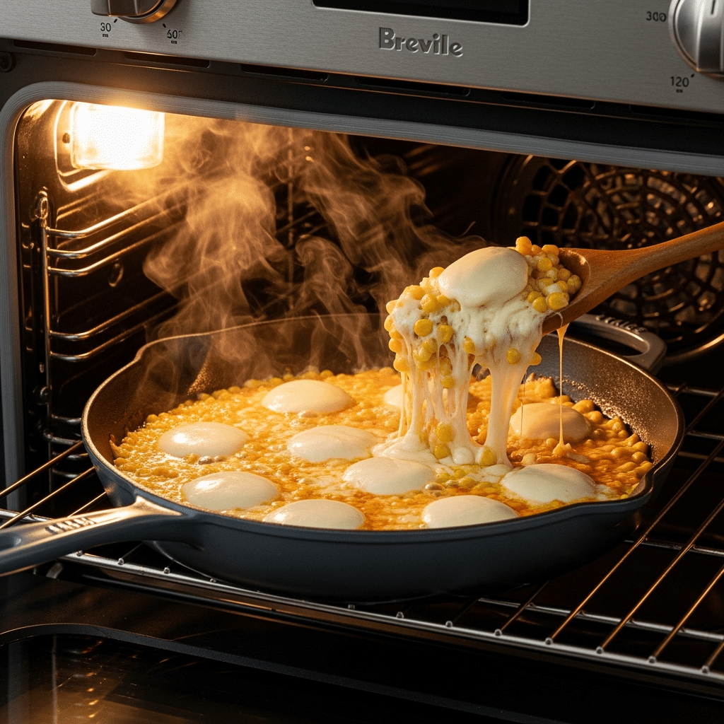 Korean corn cheese cooking in cast iron with bubbling melted mozzarella cheese in oven