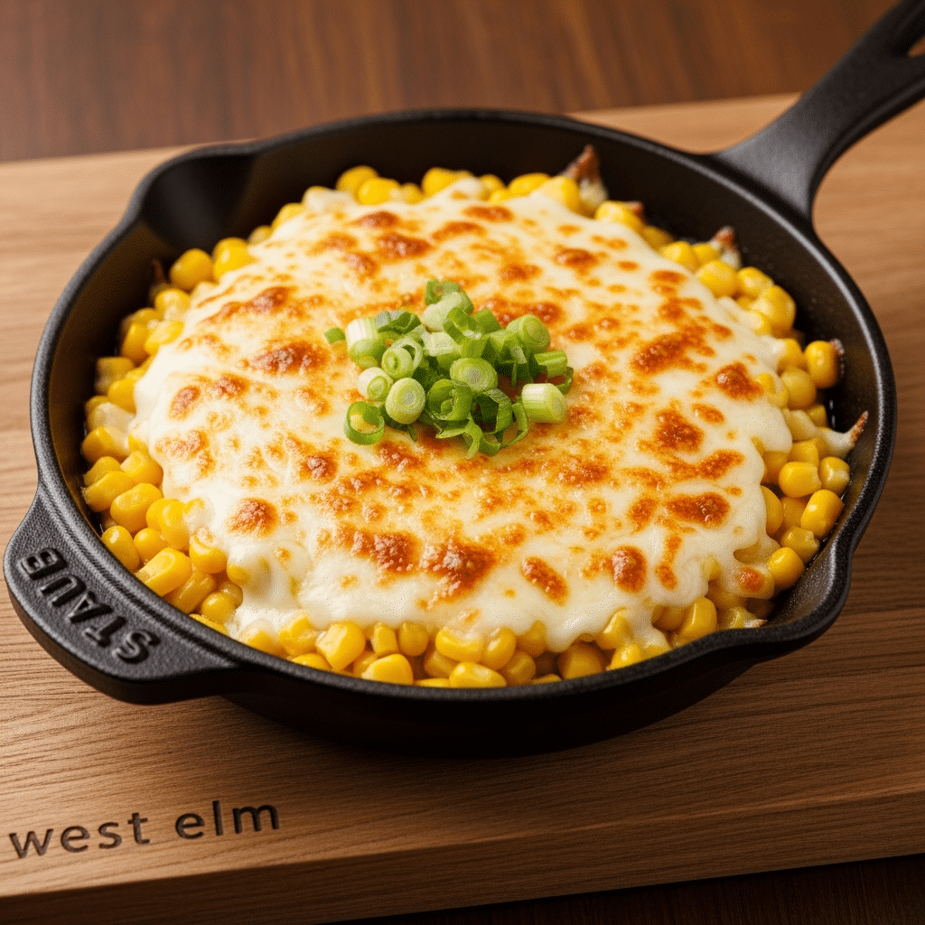 Finished Korean corn cheese with melted mozzarella cheese and green onion garnish ready to serve