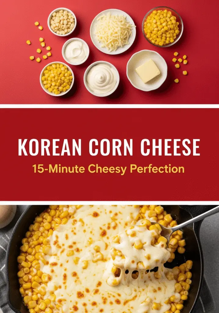 Korean corn cheese Pinterest recipe pin with ingredients and finished dish