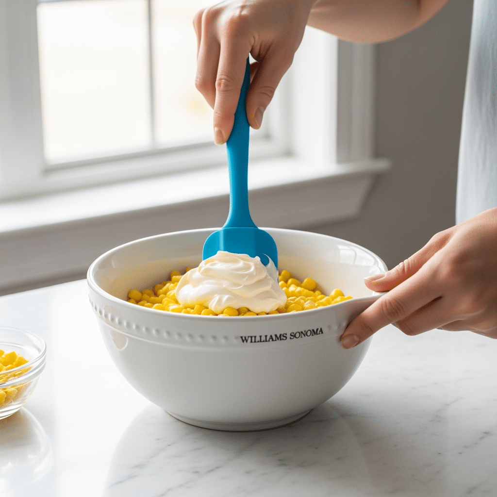 Step-by-step Korean corn cheese preparation mixing corn with mayonnaise in ceramic bowl