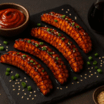 Korean corn ribs recipe - golden caramelized corn quarters with gochujang glaze and sesame seeds on slate board