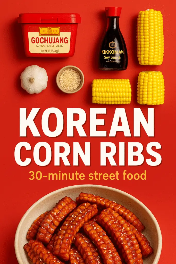 Korean corn ribs Pinterest pin featuring gochujang ingredients and finished dish with CRENNRECIPES.COM branding