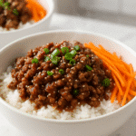 Korean Ground Beef Rice Bowls with bulgogi sauce, jasmine rice, and fresh garnishes - CrennRecipes.com authentic 20-minute recipe