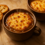 Lazy French Onion Soup with melted Gruyère cheese and caramelized onions - CrennRecipes.com 30-minute recipe