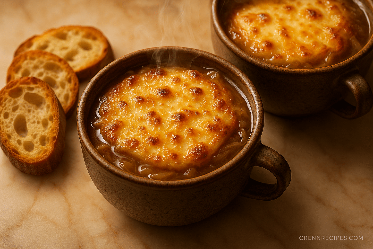 Lazy French Onion Soup with melted Gruyère cheese and caramelized onions - CrennRecipes.com 30-minute recipe