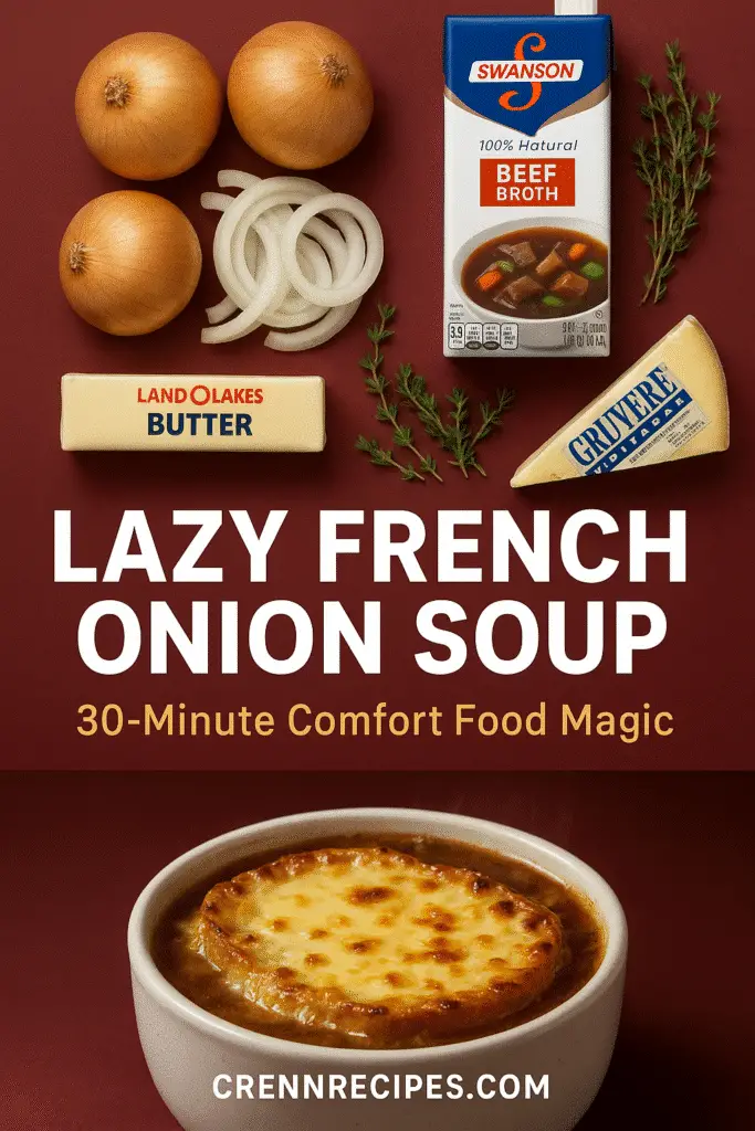 Lazy French Onion Soup Pinterest recipe pin - 30-minute comfort food with Gruyère cheese - CrennRecipes.com