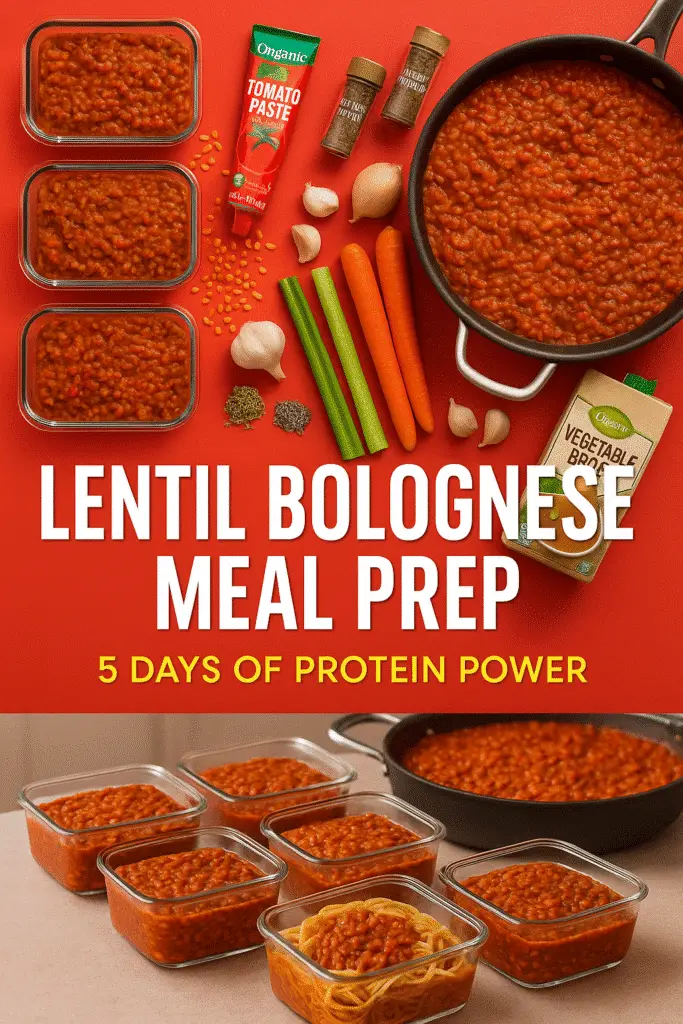 Lentil Bolognese Meal Prep containers weekly batch cooking Pinterest pin - CrennRecipes