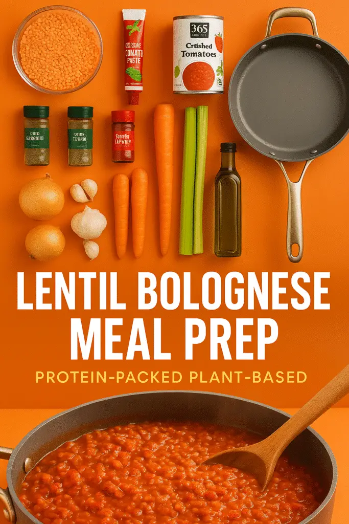 Lentil Bolognese Meal Prep ingredients Pinterest pin with red lentils and organic tomatoes - CrennRecipes