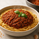 Lentil Bolognese Meal Prep bowl with protein-rich red lentils over pasta - CrennRecipes
