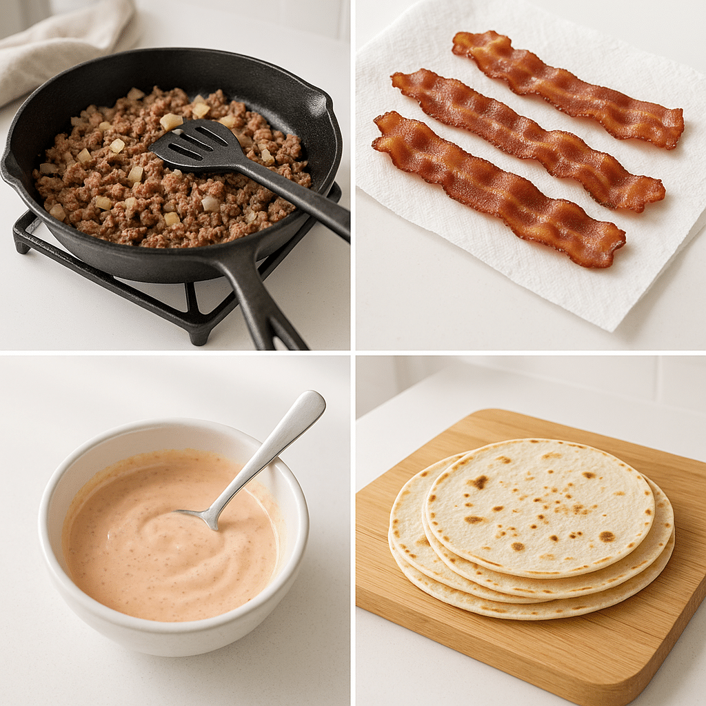 Cooking steps for loaded bacon cheeseburger tacos beef bacon sauce preparation