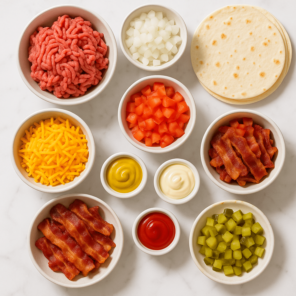 Ingredients for loaded bacon cheeseburger tacos ground beef bacon cheese tortillas