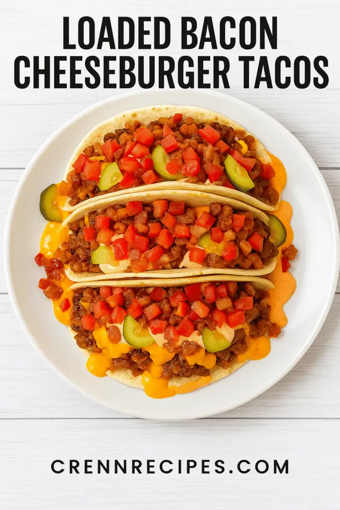 Pinterest style loaded bacon cheeseburger tacos recipe promotion image
