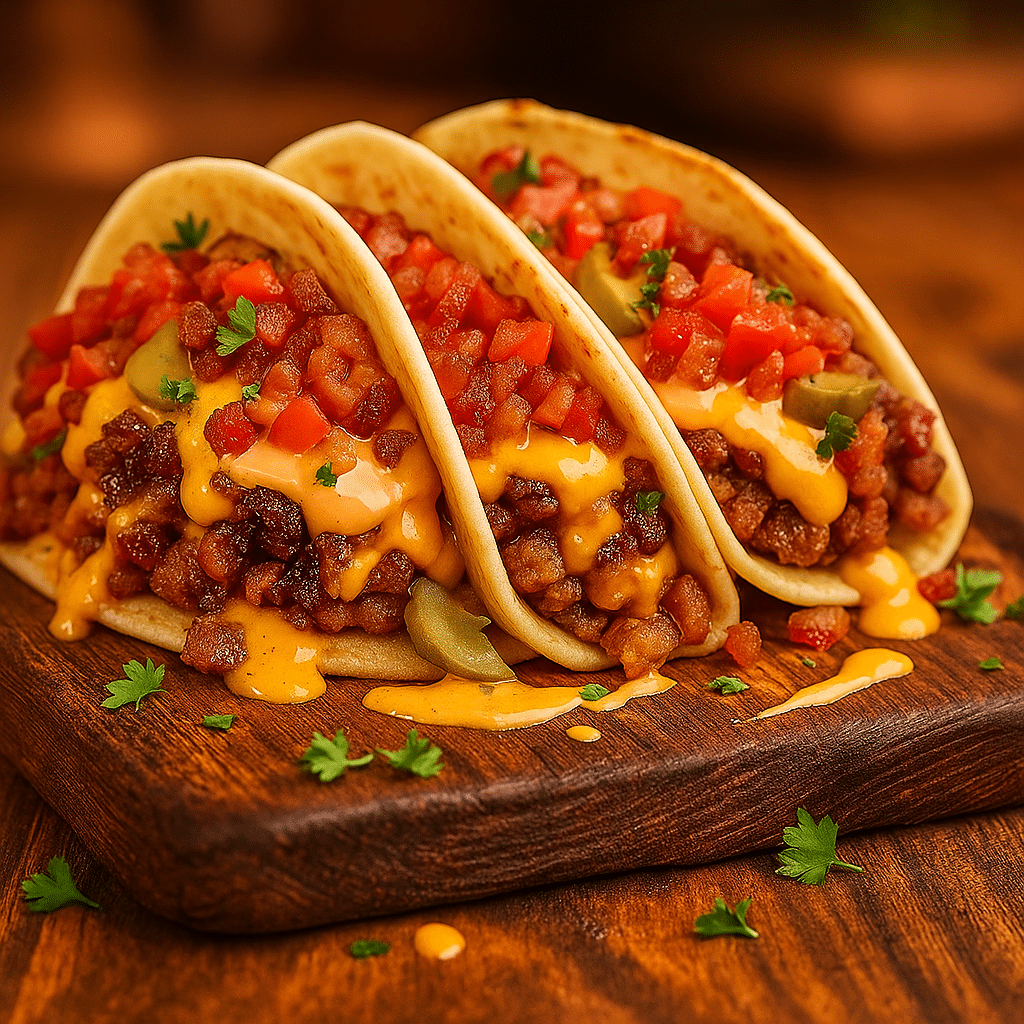 Loaded bacon cheeseburger tacos served on wooden board ready to eat