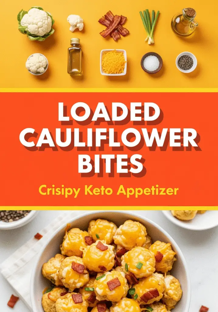 Loaded cauliflower bites Pinterest pin - keto appetizer recipe with bacon and cheese