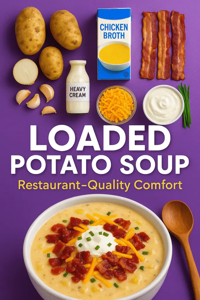 Loaded potato soup recipe Pinterest pin with toppings - CrennRecipes restaurant-quality comfort food