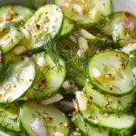 Logan's Cucumber Salad with fresh dill and thinly sliced cucumbers in glass bowl
