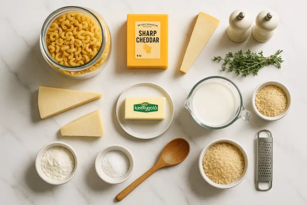 Mac and cheese recipe ingredients featuring premium cheddar, gruyere, and parmesan cheeses with elbow pasta