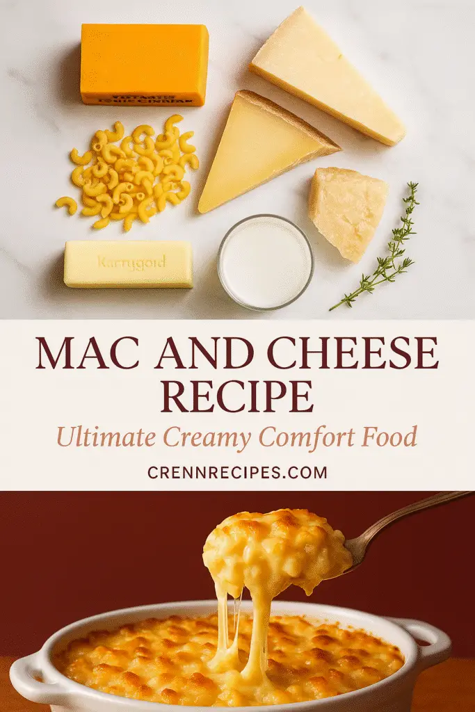 Mac and cheese recipe Pinterest pin featuring CrennRecipes premium ingredients and finished dish