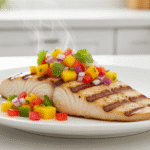 Mango salsa grilled fish recipe with fresh tropical ingredients on white plate - CrennRecipes premium seafood dish