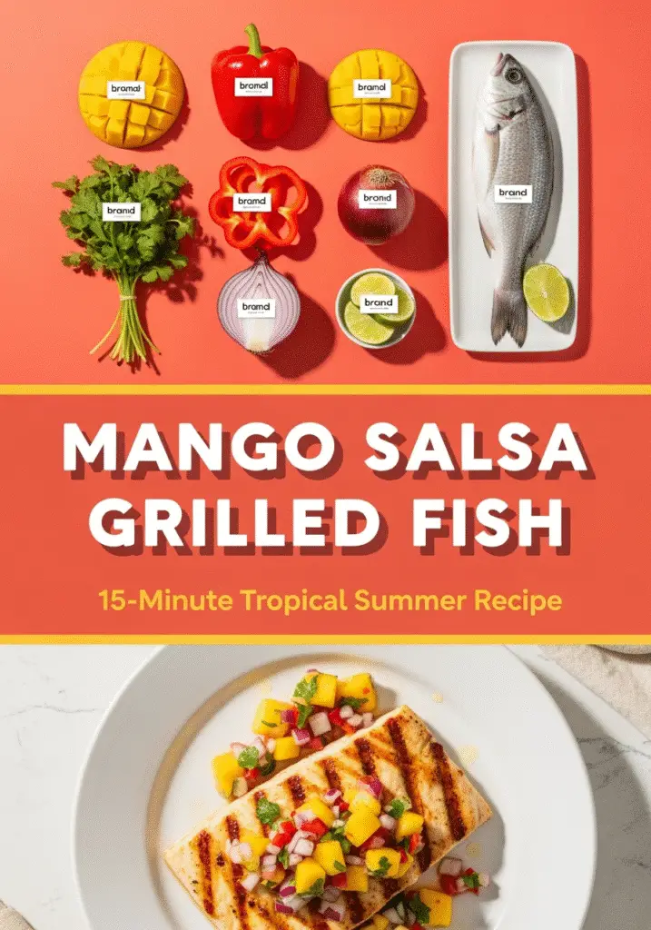 Mango salsa grilled fish Pinterest recipe pin with fresh ingredients - CrennRecipes summer grilling collection