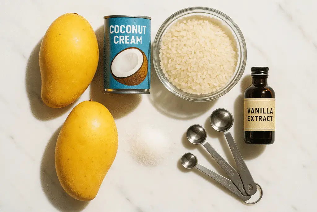 Essential ingredients for homemade mango sticky rice ice cream recipe