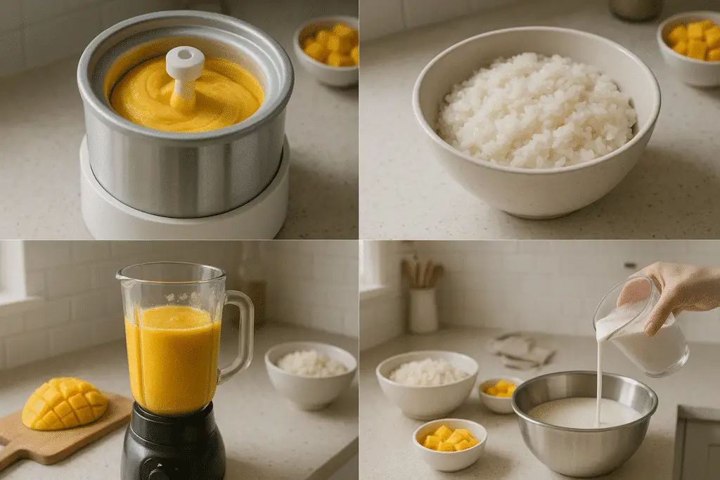 Step-by-step process for making mango sticky rice ice cream at home