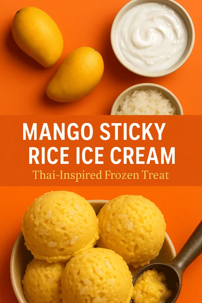 Pinterest-ready mango sticky rice ice cream recipe pin with ingredients and final result