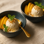 Elegant serving presentation of mango sticky rice ice cream with coconut garnish