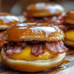 Maple Bacon Donut Breakfast Sliders with crispy bacon and scrambled eggs on glazed donuts