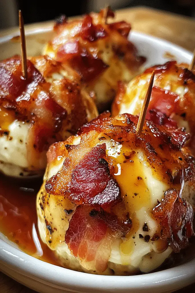 Pinterest pin showing maple bacon mozzarella bombs recipe with golden biscuits and melted cheese
