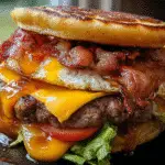 Maple Bacon Pancake Burger with crispy bacon beef patty fluffy pancakes melted cheddar cheese breakfast recipe