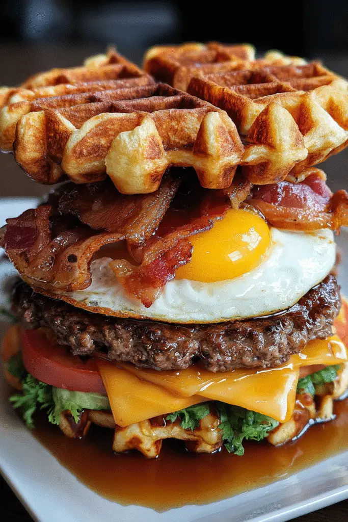 Maple Bacon Waffle Burger Pinterest recipe pin showing golden waffles and juicy beef patty