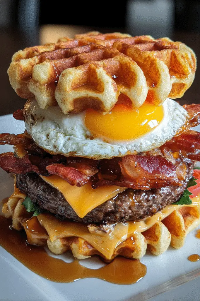 Maple Bacon Waffle Burger recipe with turkey bacon, cheese and maple syrup drizzle