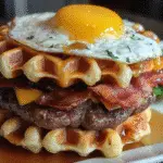 Maple Bacon Waffle Burger with crispy waffles, beef patty, turkey bacon and maple syrup drizzle