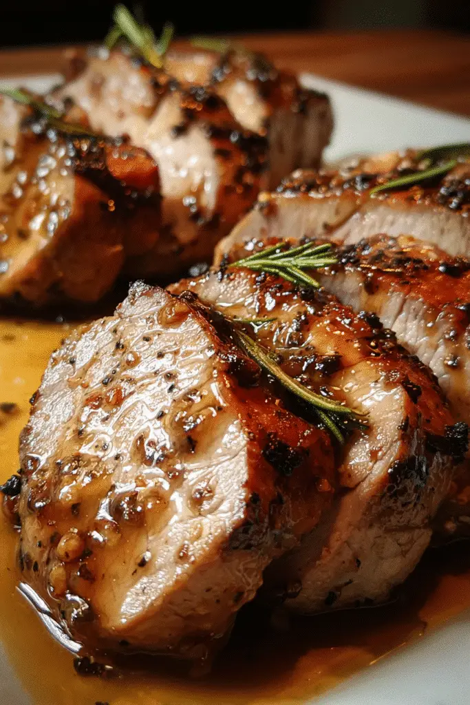 Maple Dijon Pork Tenderloin recipe pin featuring gourmet presentation with fresh herbs