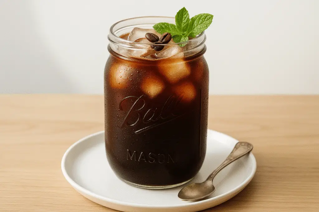 Finished mason jar cold brew coffee served over ice with coffee bean garnish