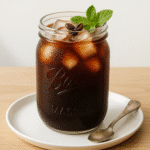 Finished mason jar cold brew coffee served over ice with coffee bean garnish