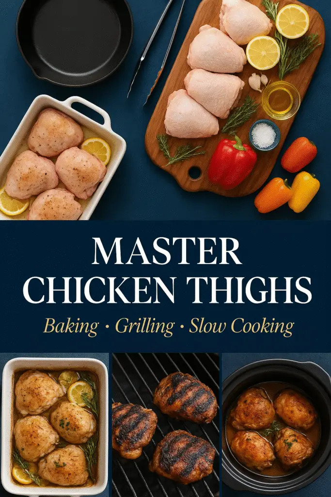 Master chicken thigh cooking methods Pinterest guide with baking grilling slow cooking from CrennRecipes