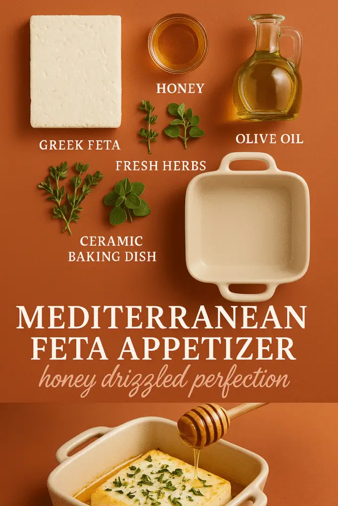 Mediterranean feta appetizer Pinterest pin with baked feta honey drizzle recipe and ingredients
