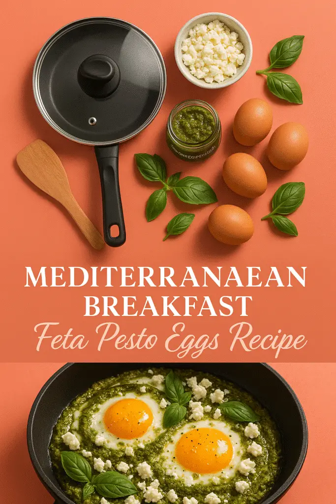 Mediterranean breakfast feta pesto eggs recipe Pinterest pin with cooking tools and final presentation by CrennRecipes