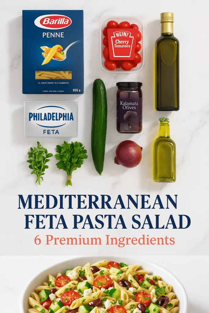 Premium Mediterranean feta pasta salad ingredients showcase CrennRecipes quality brand recommendations