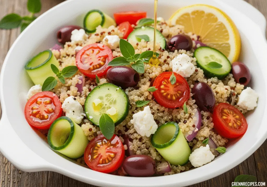 Mediterranean quinoa power salad with feta cheese, olives and fresh vegetables