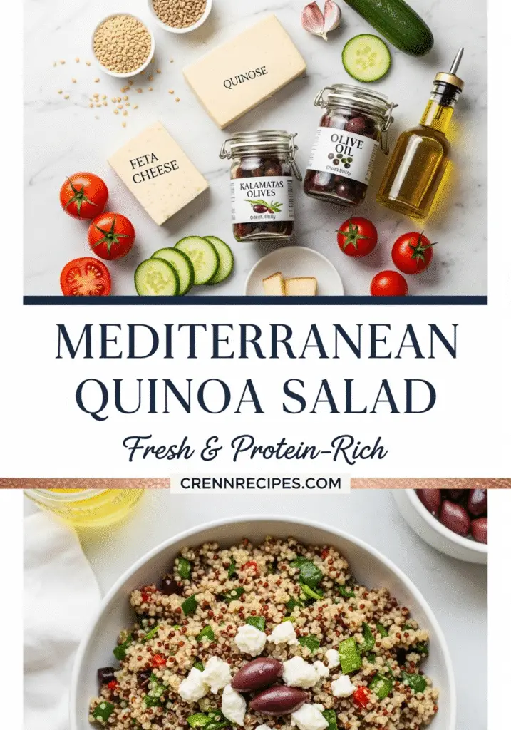 Mediterranean quinoa salad Pinterest pin with Greek ingredients and recipe from CrennRecipes.com