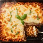 Million Dollar Spaghetti hack recipe showing golden bubbly cheese layers in cast iron dish - CrennRecipes premium comfort food