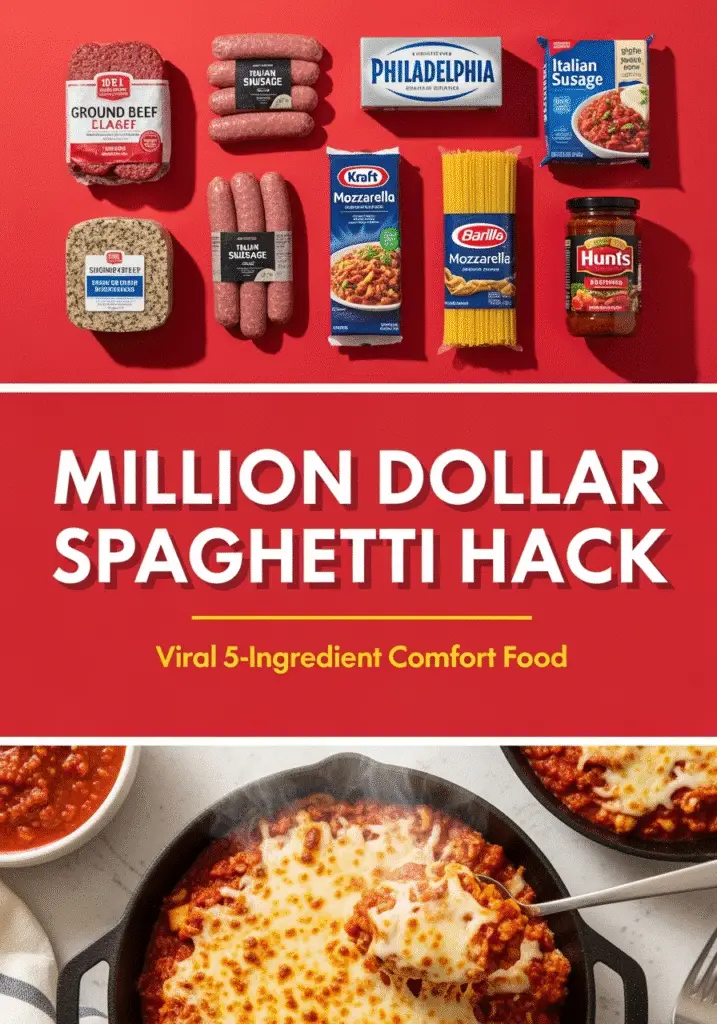Million Dollar Spaghetti hack Pinterest pin showing 5 key ingredients and finished golden cheese casserole - CrennRecipes viral comfort food