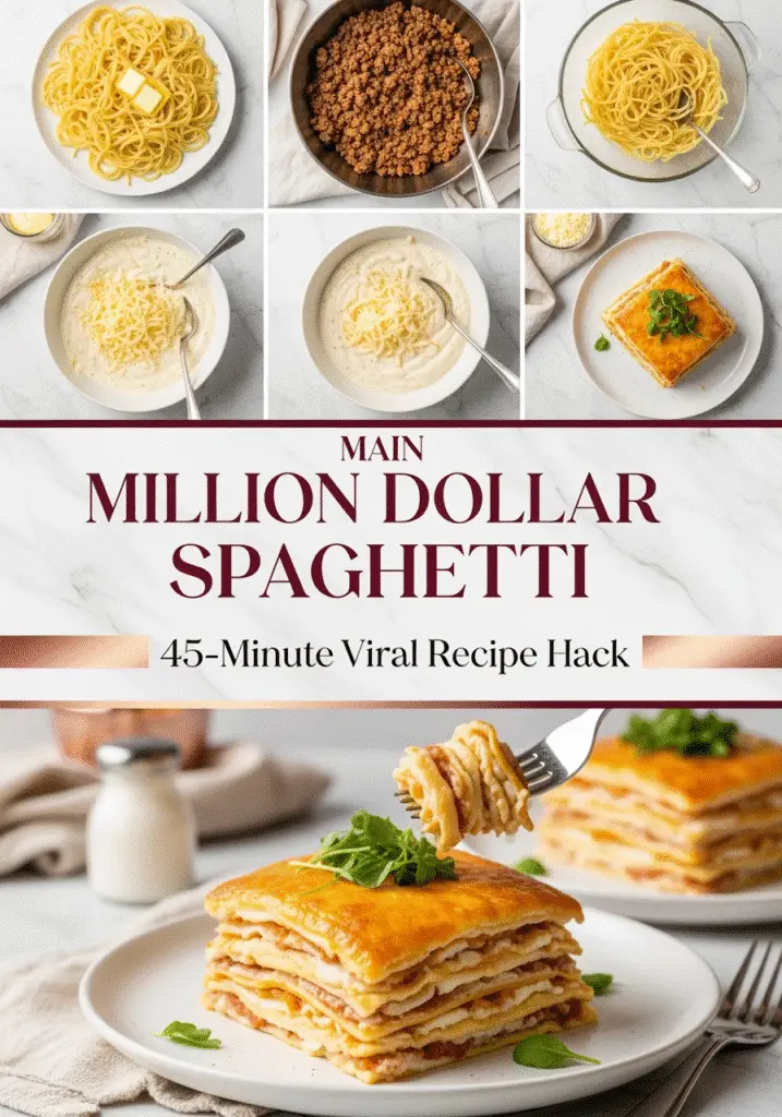 Million Dollar Spaghetti recipe steps Pinterest pin showing 45-minute process and golden finished dish - CrennRecipes premium tutorial
