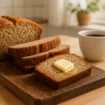 Sliced banana bread recipe served with butter on wooden cutting board