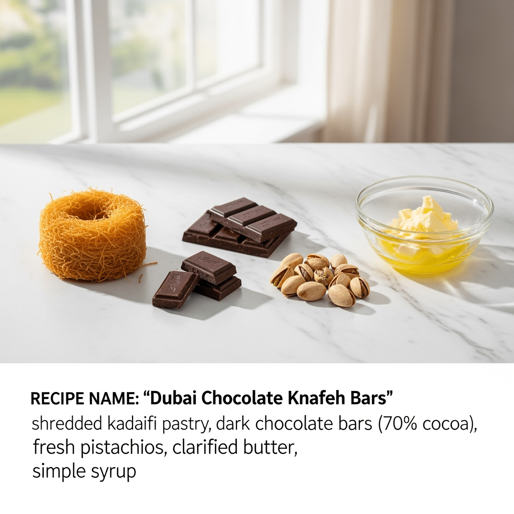 Dubai Chocolate Knafeh Bars ingredients - kadaifi pastry, premium chocolate, pistachios