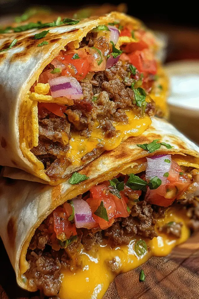 Homemade Nacho Bacon Cheeseburger Crunch Wraps with golden crispy exterior