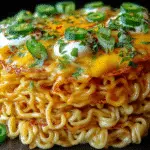 Nacho Cheese Ramen Pancake Stack with melted cheese and fresh toppings